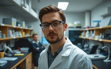 Fototapeta premium Male doctor laboratory assistant in a white coat in a chemical laboratory against the background of shelves with chemical reagents.