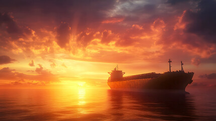 Fototapeta premium cargo ship sails into the horizon, framed by a cinematic sunset that fills the sky with deep, glowing oranges and purples