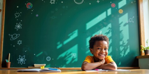 Thoughtful African American School Boy in Front of Empty Chalkboard with Copy Space