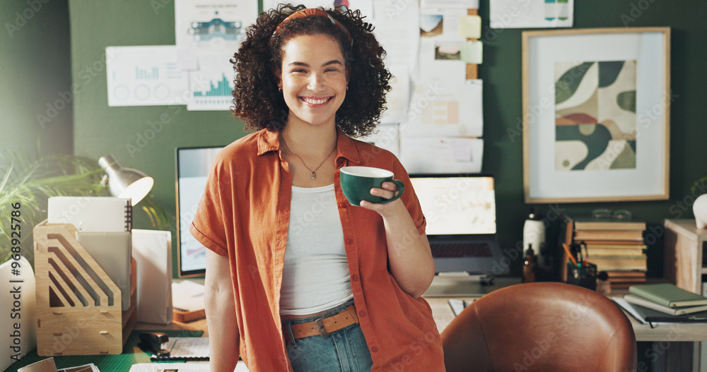 Poster Portrait, business and woman with coffee, smile and happiness in modern office, copywriting and espresso. Face, person and creative with startup, herbal tea and cappuccino with aroma, scent or joyful