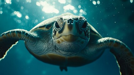 Obraz premium A sea turtle swims through clear blue water, looking directly at the camera.