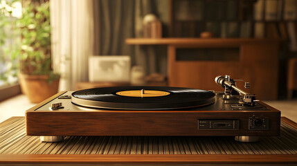 Obraz premium A vintage record player spinning a vinyl record on a wooden table in a cozy, sunlit room.