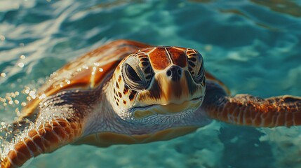 Obraz premium A close-up of a sea turtle swimming in crystal clear turquoise water.