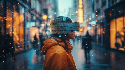 AI-enhanced smart glasses providing live information overlays in real-world scenarios: A person walking through a city, with AR glasses displaying important information.