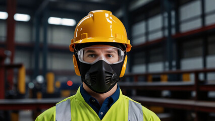 Worker wear safety helmet mask headphone shiel glasses industry factory employee working