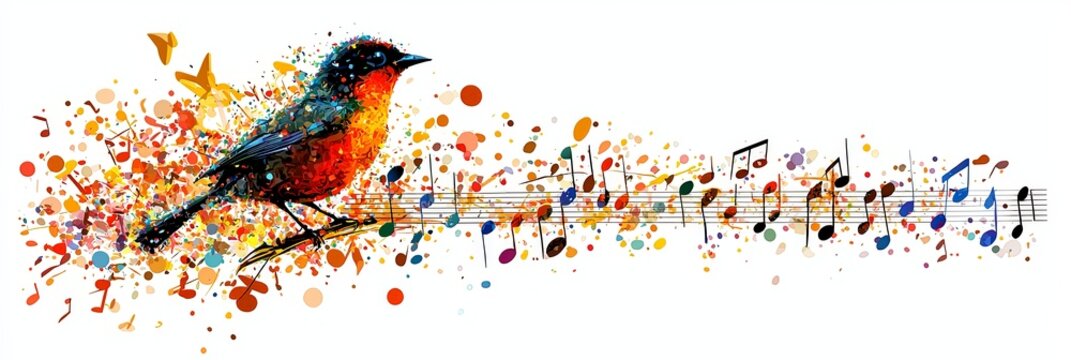 An artistic bird perched on a musical staff, surrounded by colorful splashes and notes, marrying the concepts of music, nature, and abstract art in a captivating visual form.