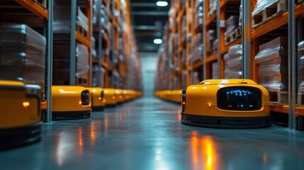 Fototapeta premium Autonomous AI-controlled smart warehouses managing supply chains efficiently: Fully automated warehouses where AI handles logistics and stock management.
