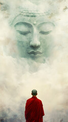 Obraz premium A serene scene where a monk in a vivid red robe stands with their back to the viewer, gazing up at a colossal, ethereal Buddha face that seems to form out of mist and smoke