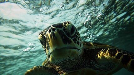 Obraz premium A close-up view of a sea turtle swimming in the ocean, with bubbles rising from the surface.