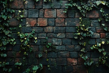 A textured brick wall with varying shades of red and hints of ivy creeping between the stones