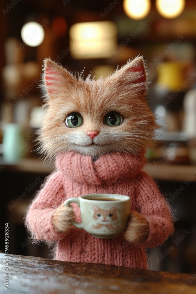 Sticker A cat in a sweater holding a cup of coffee