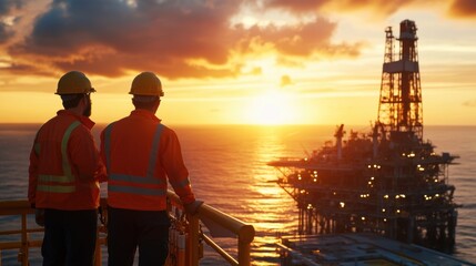 Oil rig workers standing on a platform during sunset with the rig visible in the background