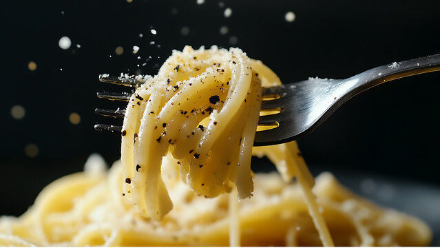 Italian cacio e pepe pasta  Forkful of Pasta with Parmesan and Black Pepper