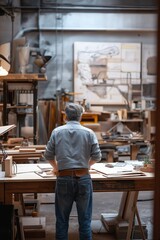 A man is standing in a workshop looking at a piece of wood. The workshop is filled with various tools and materials, and the man is focused on his work