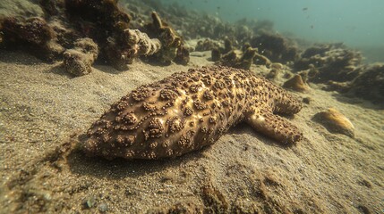 Naklejka premium A wobbegong shark lays camouflaged on the sandy ocean floor among coral and a seashell.