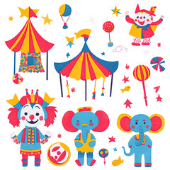Colorful circus-themed illustration featuring tents, elephants, clowns, balloons, and circus elements in vibrant colors.