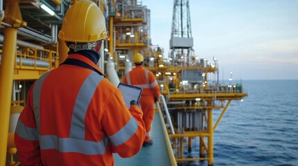 Offshore platform workers wearing protective gear inspecting oil pumps