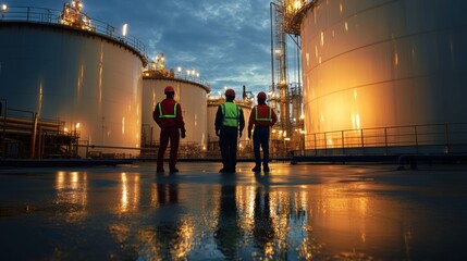 Workers standing near large oil storage tanks conducting safety inspections