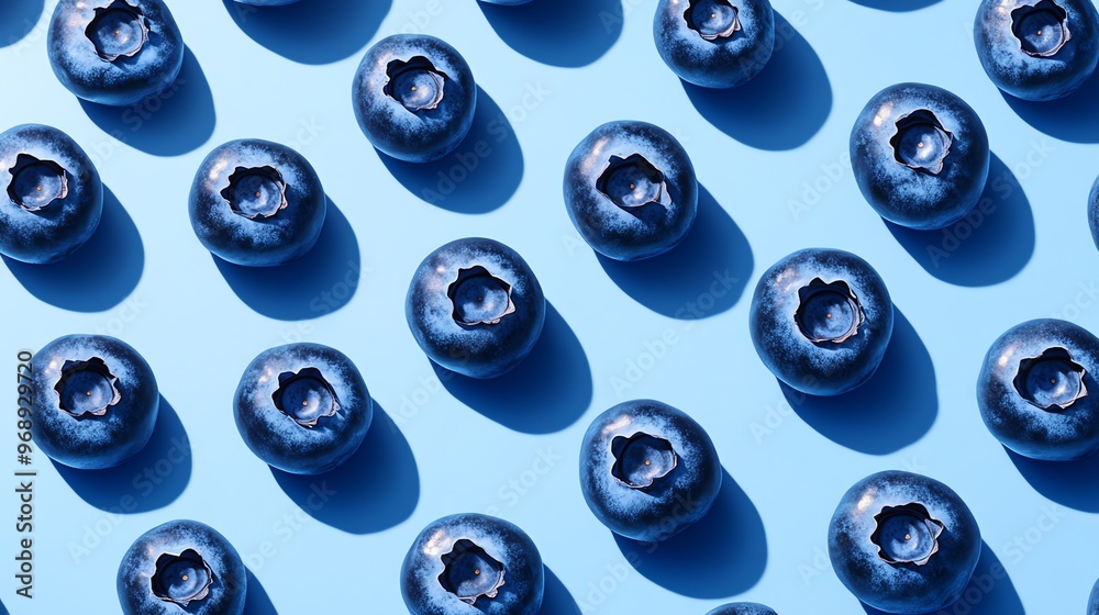 Poster A flat lay of fresh blueberries arranged in rows on a blue background.