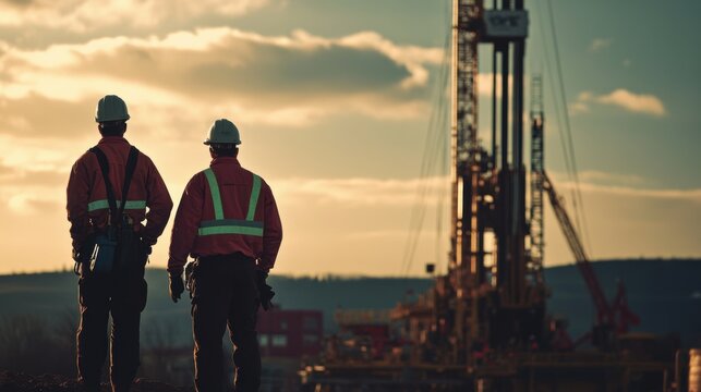 Oil field workers wearing safety harnesses inspecting drilling rigs at a well site