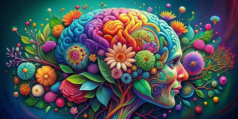 "Vibrant illustration of a human brain with blooming flowers and leaves, swirling in a kaleidoscope of colors amidst delicate, lace-like veins."