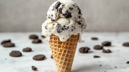 A double scoop of cookies and cream ice cream in a waffle cone is melting on a light gray surface.