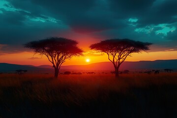 Fototapeta premium A vibrant sunset over the Serengeti with silhouettes of acacia trees and a dramatic sky