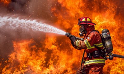 A firemen using fire hose to extinguish a fire