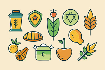 Sukkot celebration icons: doodle style hand-drawn collection for seasonal design