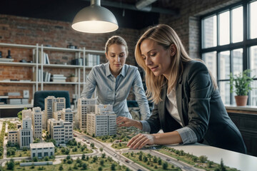 Fototapeta premium Portrait of two women professional engineers architect are working on a model of an urban area in a creative architectural bureau in office. Concept of urban architecture design