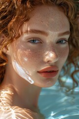Woman posing while applying cream, poolside cabana, gentle water reflections, promoting smooth skin, luxurious scene.