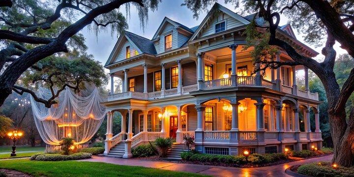 "Candy-painted mansions on Astrodome's shadow, cobweb-covered porches creep with cypress trees, a ghostly glow whispers eerie tales on Houston's haunted Halloween nights."