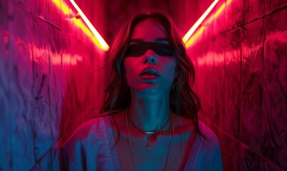 Beautiful girl wearing glasses with a big gold chain around her neck in neon light