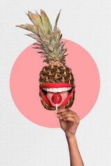 Collage image picture banner of hand hold tasty candy pineapple flavor isolated on drawing...