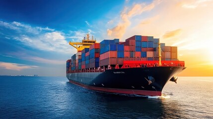 Fototapeta premium Cargo ship at sunset, vital for global trade and logistic operations.
