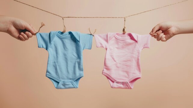 Hands holding pink and blue baby onesies for Gender Reveal