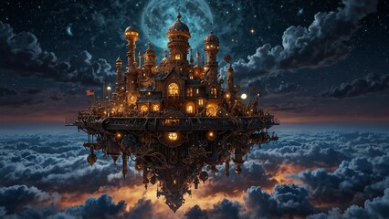 Obraz premium A steampunk flying city floating above a sea of clouds, made of gears, pipes, and glowing machinery, set against a starry night sky backdrop.
