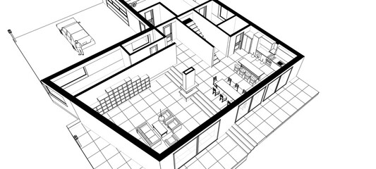 interior kitchen living room 3d illustration	
