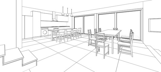 interior kitchen living room 3d illustration	
