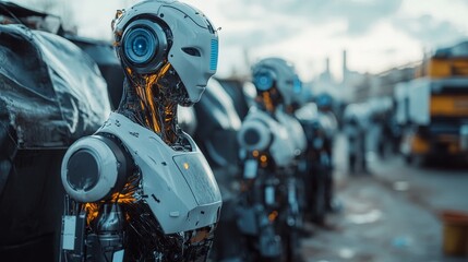 Fototapeta premium Autonomous AI-controlled waste disposal systems converting trash into energy: Robots transforming waste into usable energy, reducing the environmental impact of garbage.