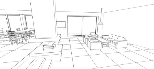 interior kitchen living room 3d illustration	
