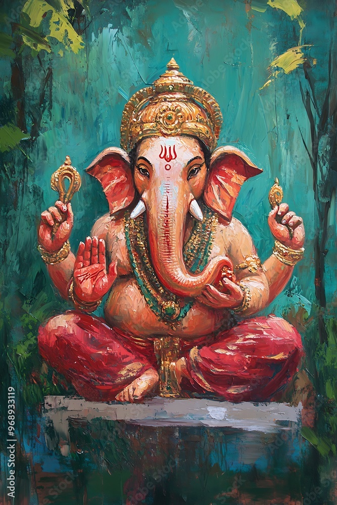 Wall mural oil painting of the hindu god ganesha sitting in a forest setting.