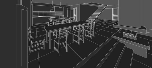 interior kitchen living room 3d illustration	
