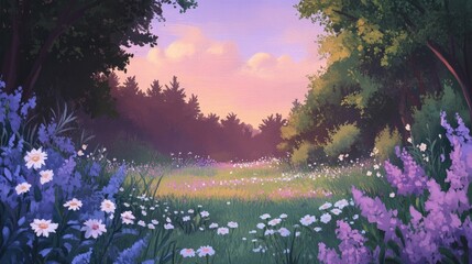 Obraz premium Cartoon fantasy depiction of peaceful nature at twilight, with a blooming meadow bathed in fairytale colors and soft, magical light.
