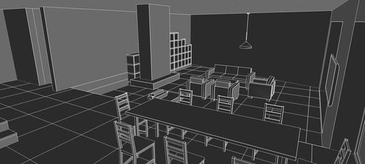 interior kitchen living room 3d illustration	
