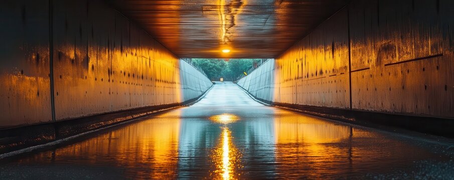 A distant light reflecting on the wet walls of a tunnel, guiding the way forward, evoking the promise of hope in the face of adversity