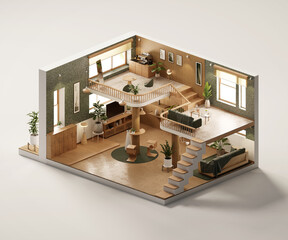 Isometric view living room muji style open inside interior architecture 3d rendering	
