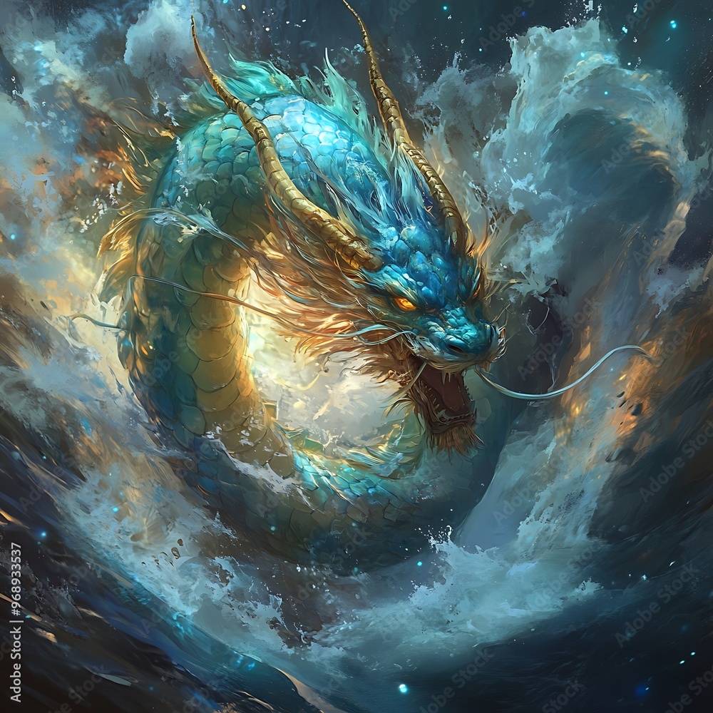 Wall mural A Powerful Blue Dragon Emerges From the Ocean Waves