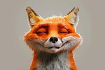 Obraz premium Close-Up of a Smiling Fox with Closed Eyes Against Neutral Background