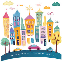 Vibrant cartoon cityscape with colorful buildings, trees, clouds, and cars on a winding road, conveying a lively urban scene.
